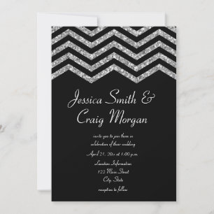 Convite Faux Silver Glitter e Black Chevron Wedding
