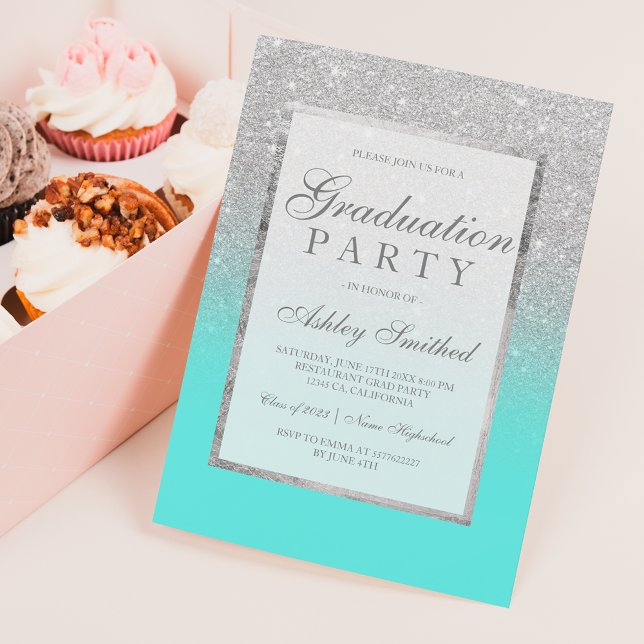 Convite Faux silver glitter teal Graduation party (Criador carregado)
