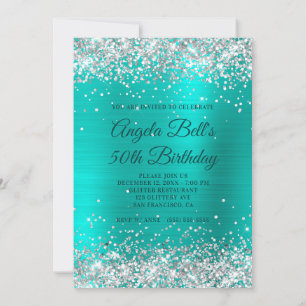 Convite Faux Silver Glitter Turquoise Foil 50º Aniversário