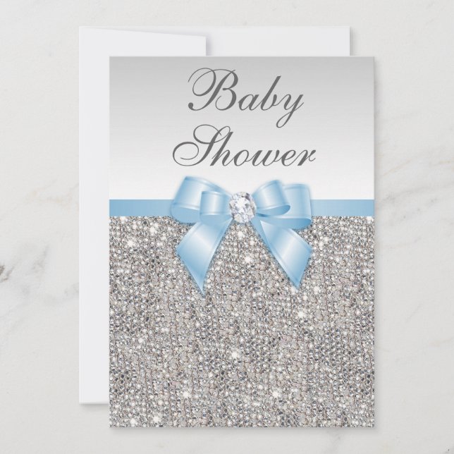 Convite Faux Silver Sequins Baby Blue Chá de fraldas (Frente)