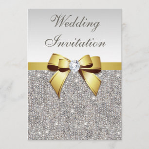 Convite Faux Silver Sequins Diamantes Casamento Dourado de
