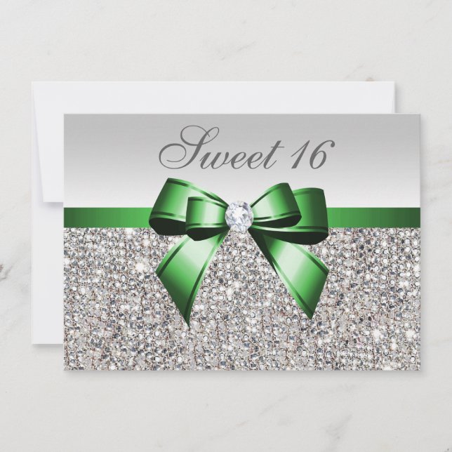 Convite Faux Silver Sequins Emerald Arco Diamond Sweet 16 (Frente)