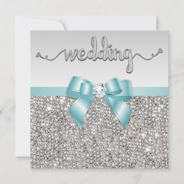 Convite Faux Silver Sequins Teal Blue Arco Casamento (Frente)