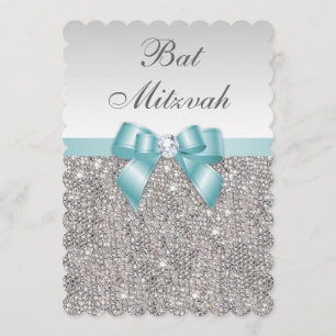 Convite Faux Silver Sequins Teal Blue Bat Mitzvah