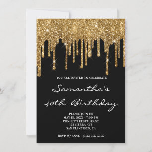 Convite Faux Sparkly Dourado Glitter Drives Black Birthday
