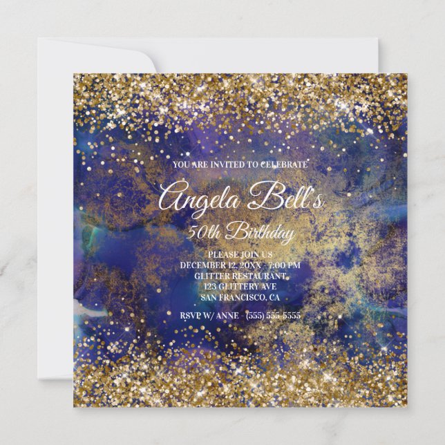 Convite Faux Sparkly Dourado Glitter Indigo Marble Monogra (Verso)
