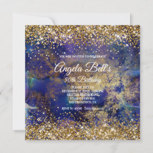 Convite Faux Sparkly Dourado Glitter Indigo Marble Monogra