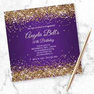 Convite Faux Sparkly Gold Glitter Royal Purple Ombre