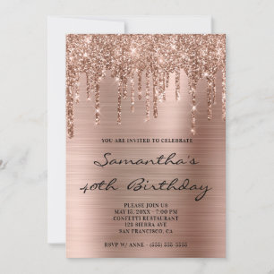 Convite Faux Sparkly Rose Gold Glitter Drips Foil Aniversá