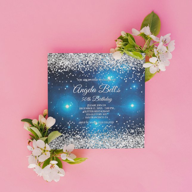 Convite Faux Sparkly Silver Glitter Celestial Blue (Create your own milestone birthday invitation for her.)
