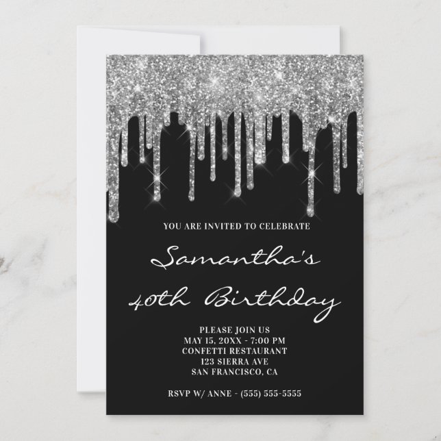 Convite Faux Sparkly Silver Glitter Drives Black Birthday (Frente)