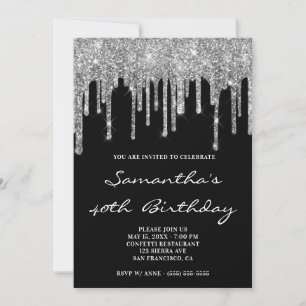 Convite Faux Sparkly Silver Glitter Drives Black Birthday
