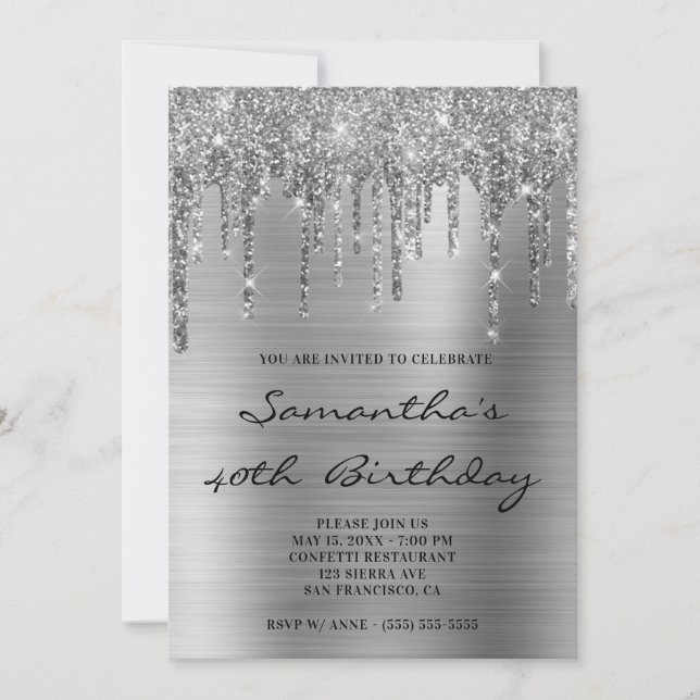 Convite Faux Sparkly Silver Glitter Drives Foil Aniversári (Frente)