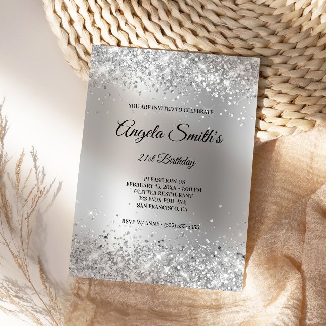 Convite Faux Sparkly Silver Glitter Satin Foil (Create your own silver glitter birthday invites.)