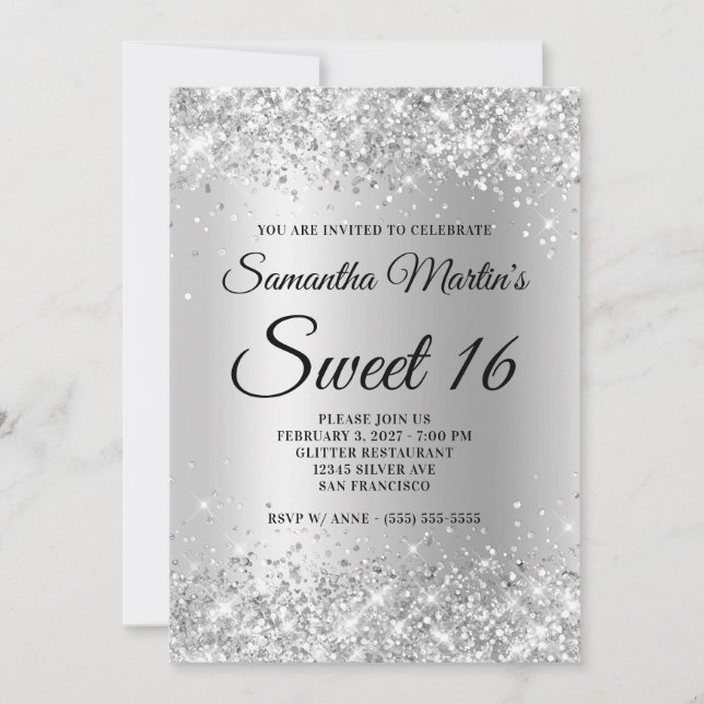 Convite Faux Sparkly Silver Glitter Satin Foil Sweet 16 (Frente)