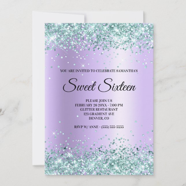 Convite Faux Teal Glitter Lavanda Satin Foil Sweet 16 (Frente)