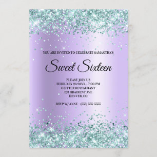 Convite Faux Teal Glitter Lavanda Satin Foil Sweet 16
