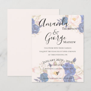 Convite Faux Vellum Efeito Blue Blush Floral Rosa Casament