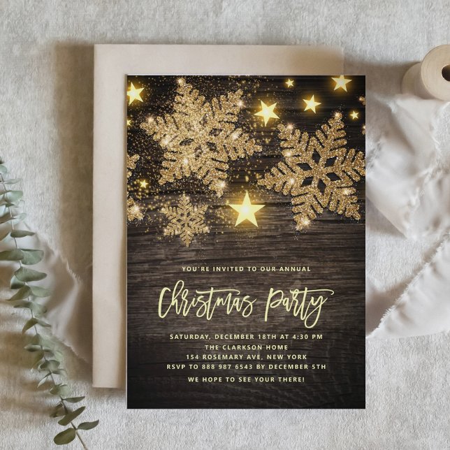 Convite Faux Wood Dourado Glitter Snowflakes Festa de Nata (Criador carregado)