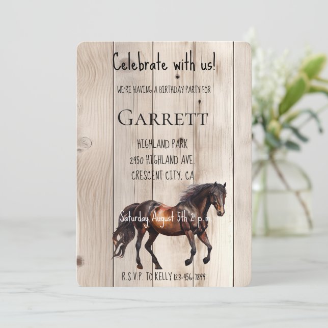 Convite Faux Wood Horse Birthday (Em pé/Frente)