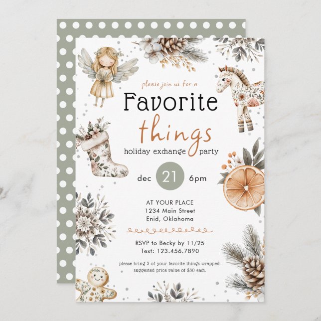 Convite Favorite Things Boho Gift Exchange Holiday Party (Frente/Verso)