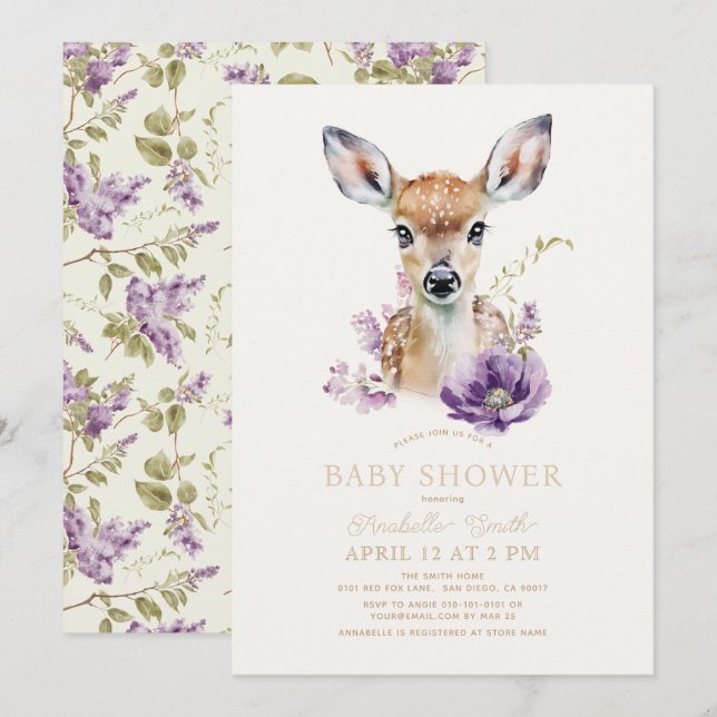 Convite Fawn Deer Purple Chá de fraldas Floral (Frente/Verso)