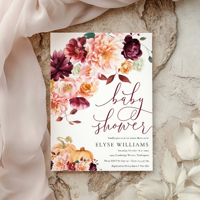 Convite Faye Burgundy Chá de fraldas Floral de outono (Criador carregado)
