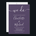 Convite Fazemos Casamento De Script De Assinatura Roxo<br><div class="desc">Convite de casamento para assinatura roxa elegante com nomes de estilo de assinatura,  este convite de casamento azul e branco empoeirado para na moda pode ser personalizado com suas informações em caracteres brancos. Projetado por Thisnotme©</div>