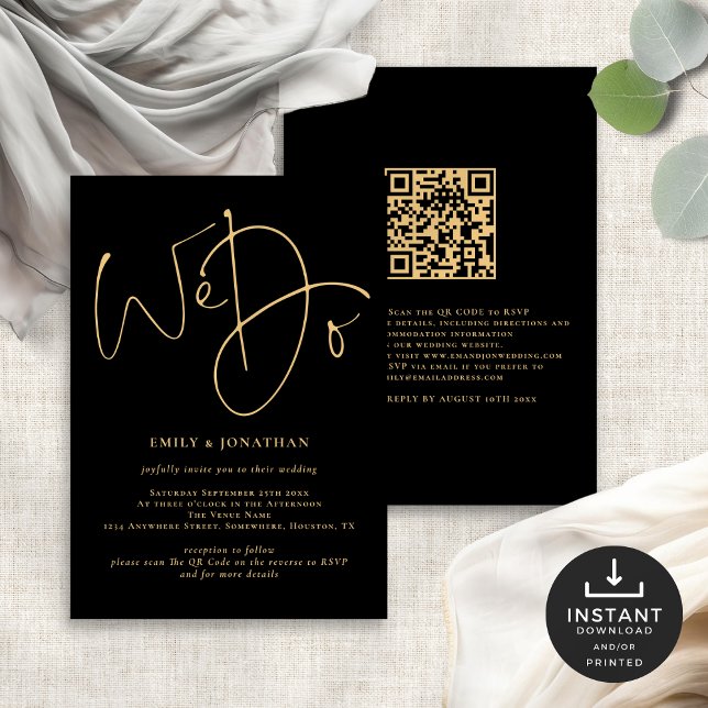 Convite Fazemos Casamento Preto com Código QR de Script Do (Front and back view)
