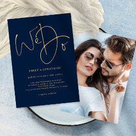 Convite Fazemos Dourado Script Foto Marinho Casamento Azul