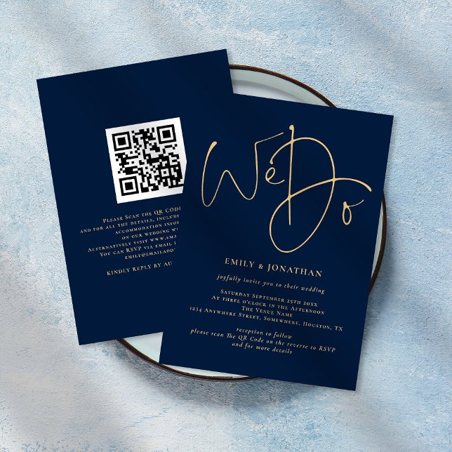 Convite Fazemos Dourado Script QR Code Marinho Blue Weddin (Criador carregado)