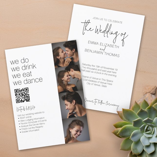 Convite Fazemos tudo em um BW - QR - 4 Fotos - Casamento (We Do, We Drink, We Eat, We Dance - Fun casual wedding invitation with photos and qr code)