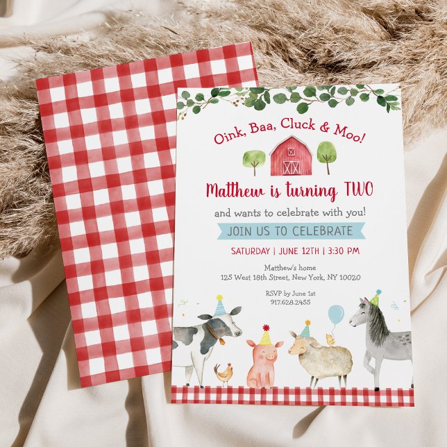 Convite Fazenda Animal Greenery Barnyard segundo aniversár (Criador carregado)
