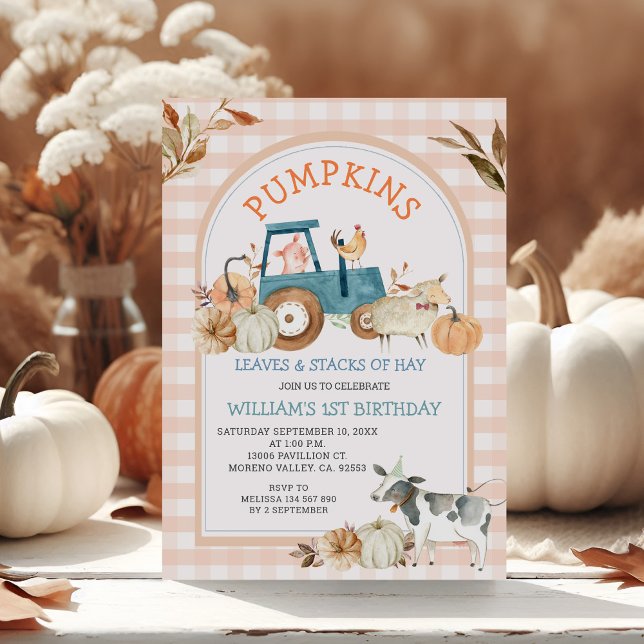 Convite Fazenda Animal Orange Gingham Fall Pumpkins Aniver (Criador carregado)