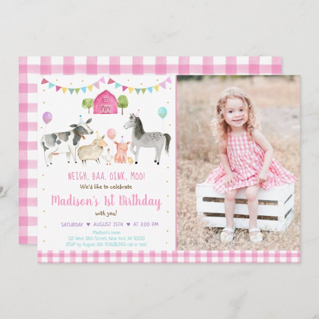 Convite Fazenda Animal Rosa Dourado Balão Aniversário (Frente/Verso)