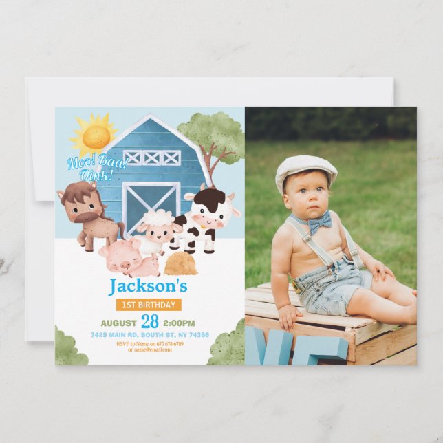 Convite Fazenda Aniversário 1rua Invite Blue Boys Uma Foto (Frente)