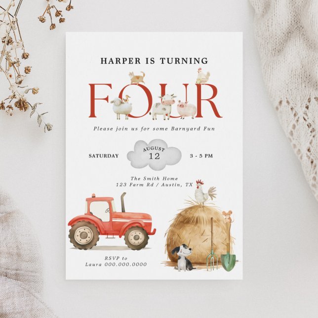 Convite Fazenda Barnyard Divertido Quarto Aniversário (Criador carregado)