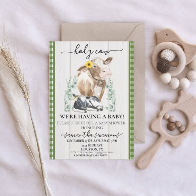 Convite Fazenda da Santa Vaca Chá de fraldas Gingham Green (Criador carregado)
