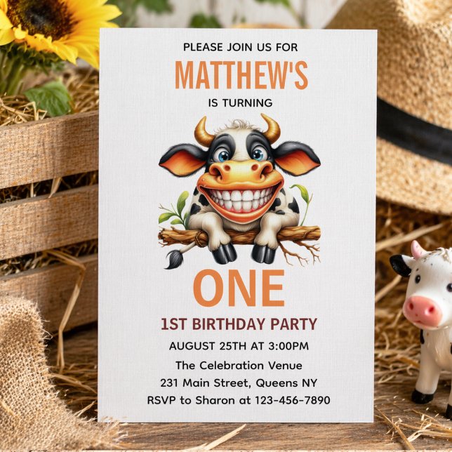 Convite Fazenda da Vaca Louca Fofa Tema de 1º Aniversário (Cute Crazy Cow Farm Theme 1st Birthday Invitation
)