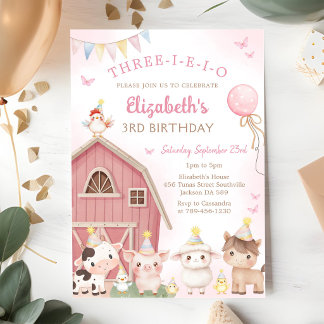 Convite Fazenda de Animais do Celeiro Rosa Aniversário de