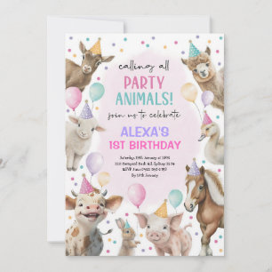 Convite Fazenda de Animais Femininos Aniversário Rosa