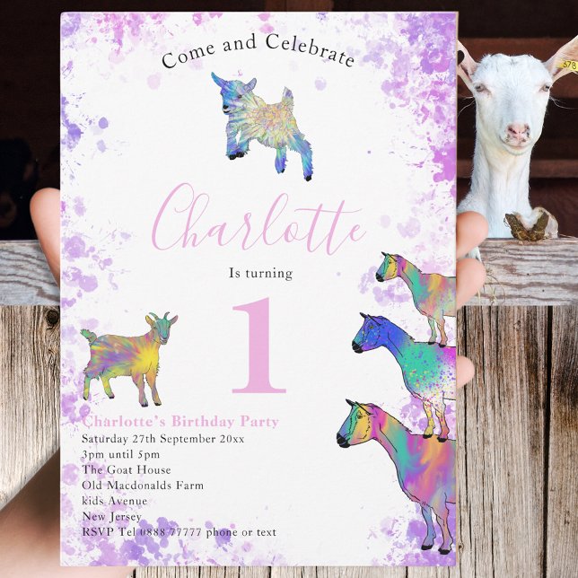 Convite Fazenda de Caprinos em primeiro aniversario (Cute goats farm animal art watercolor 1st birthday party invitation pink purple blue and green)