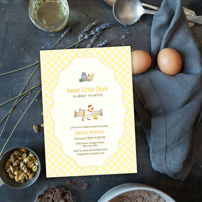 Convite Fazenda de Ginga Amarela Chamada Baby Shower do Pe (Yellow Gingham Farm Fresh Little Chick Baby Shower Invitation)