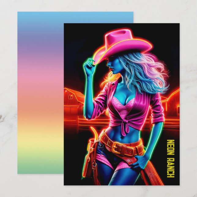 Convite Fazenda de neon elétrica de chapéu rosa sob noite (Frente/Verso)
