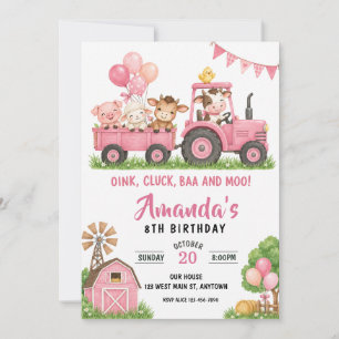 Convite Fazenda de Trator Rosa Animais do Celeiro Aniversá
