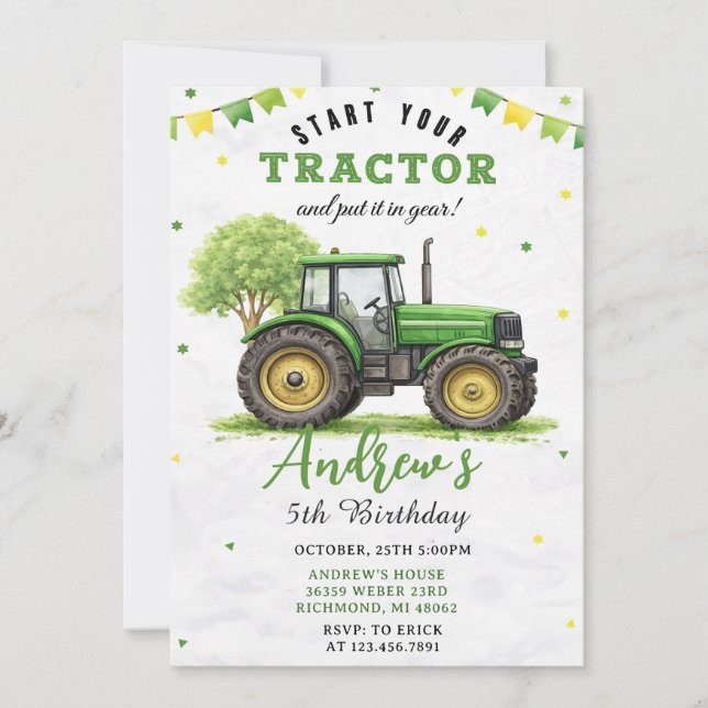 Convite Fazenda de Trator Verde de Aniversário Pessoal (Frente)