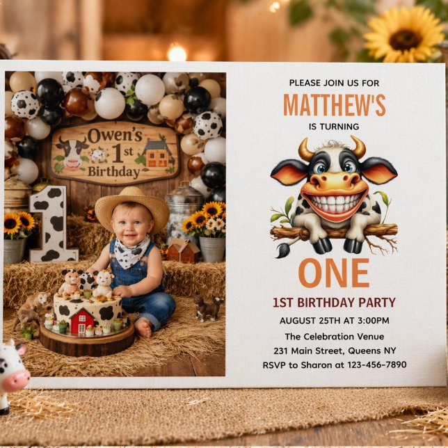 Convite Fazenda de Vaca Louca Fofa Tema de 1º Aniversário (Cute Crazy Cow Farm Theme 1st Birthday Invitation
)