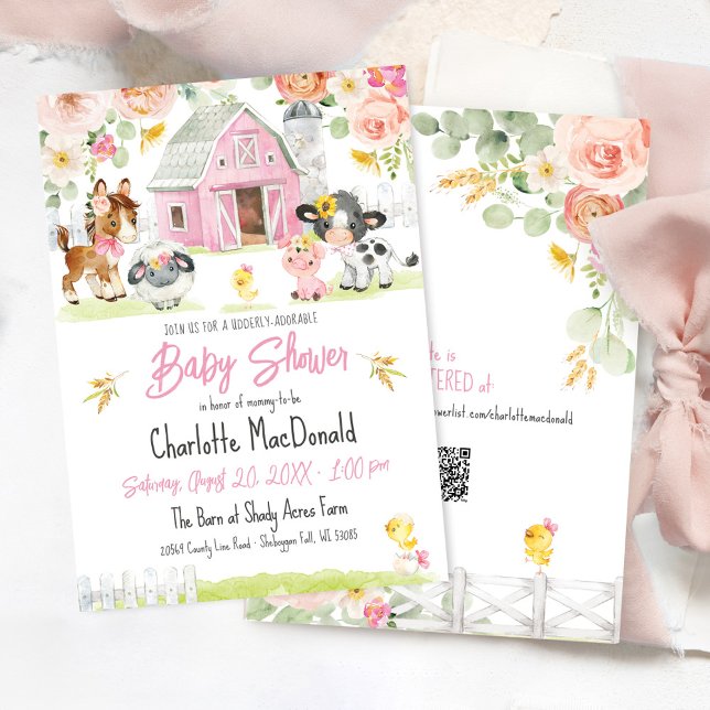 Convite Fazenda do Celeiro Rosa Animais do Quintal Chá de  (Udderly adorable watercolor floral pink barn farm animals cow chick sunflower bows baby girl shower)