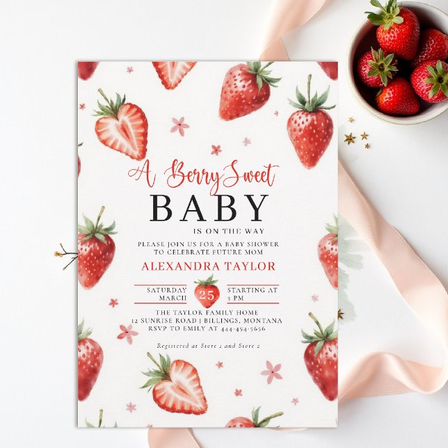 Convite Fazenda Doce Encantada em Aquarela Chá de Bebê (berry sweet baby shower invitation fruit strawberry theme art watercolor garden farmhouse chic)