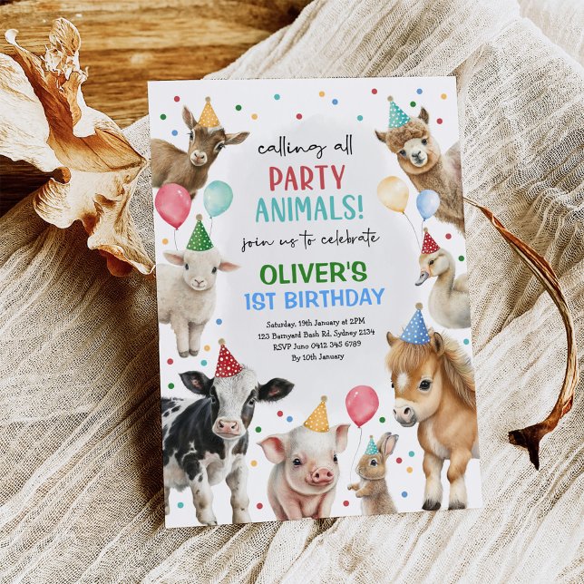 Convite Fazenda Festa de Barnyard Animais Balões Garoto An (Criador carregado)